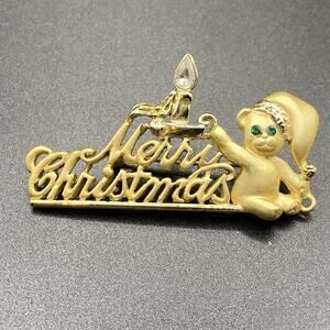 Danecraft Merry Christmas Brooch Pin Gold Tone Rhinestone Candle Bear
